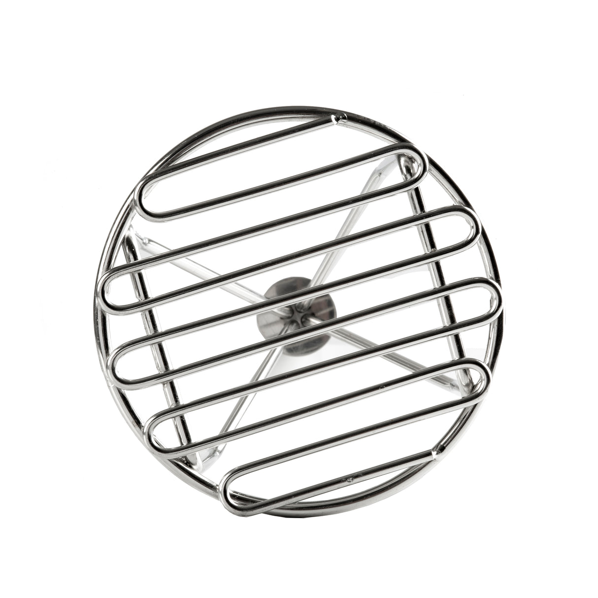 A round metal wire rack with parallel bars and a circular frame, viewed from above. In the center, intersecting wires form an X-shape. The silver rack is dishwasher safe and photographed on a white background.
