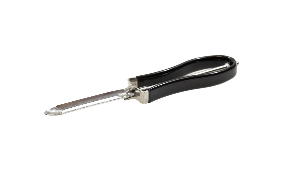 A metal vegetable peeler with a sharp, horizontal stainless steel blade and a black, slightly curved handle is shown isolated on a white background. The dishwasher safe peeler is angled with the blade pointing left.