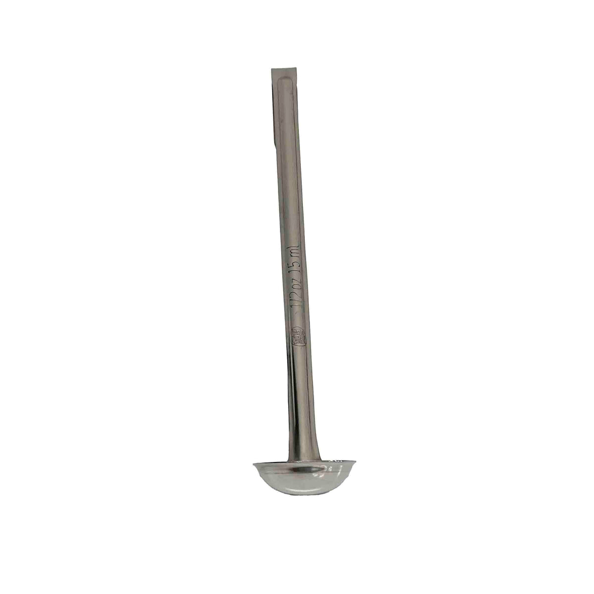 A stainless steel ladle with a long, straight handle and a small, rounded bowl at the end. The shiny, reflective surface features an inscription or marking on the handle. The background is plain white.