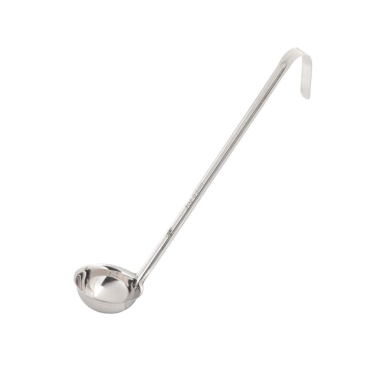 A shiny TableCraft stainless steel ladle with a long handle and deep, round bowl. The handle ends in a hook shape for hanging, and the utensil is positioned diagonally on a white background.