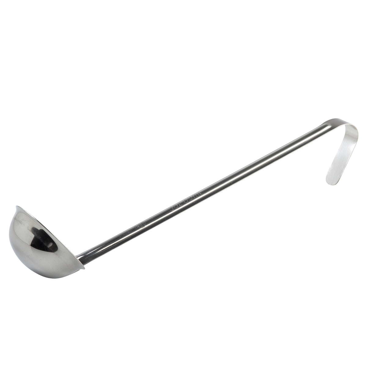 A TableCraft stainless steel ladle with a deep, round bowl and a long, straight handle that curves at the end. Positioned on a white background, the ladle is angled to show both the bowl and handle clearly.