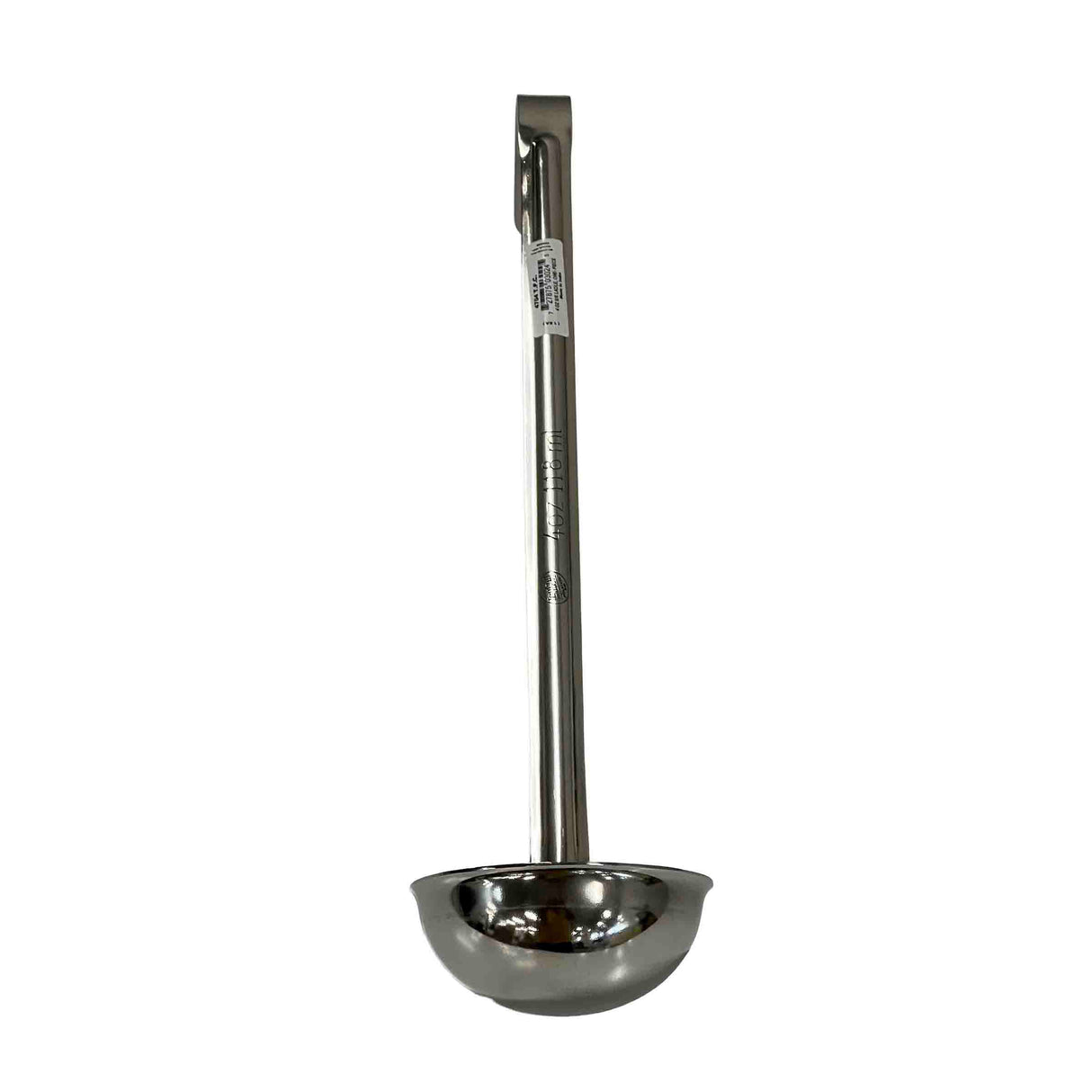 A shiny stainless steel ladle with a long handle and deep, round bowl. The handle features a hooked end for hanging, a visible label near the top, and is dishwasher safe. The ladle is photographed against a plain white background.