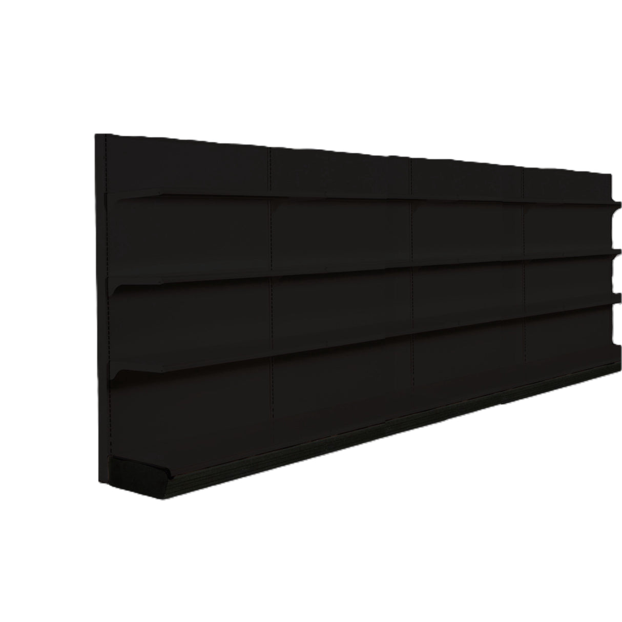 A black slatwall panel by Kent Unlimited is shown at an angle. This 192 inch wall storage solution features horizontal grooves for attaching shelves or hooks, offering solid construction and a matte finish for versatile display and organization.
