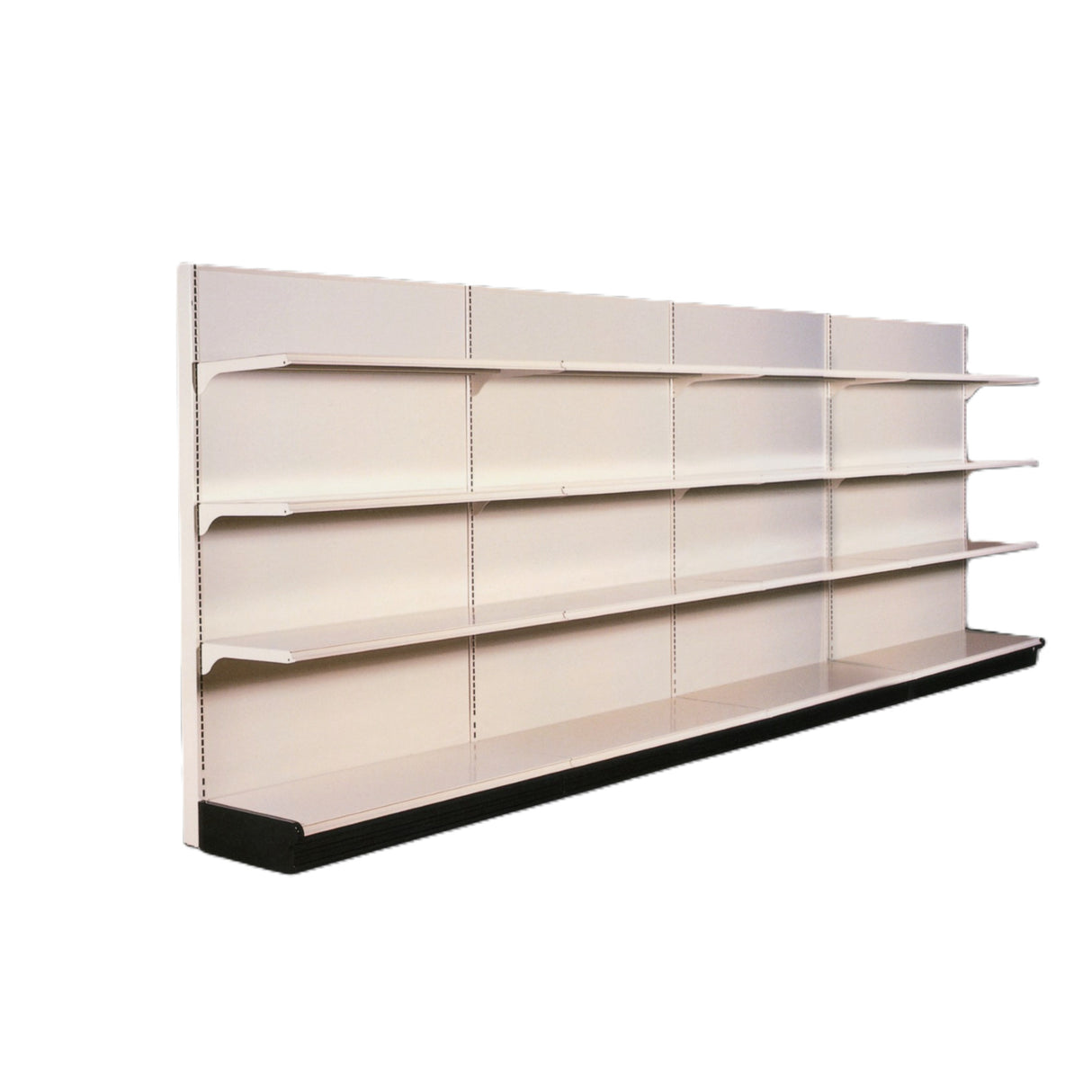 A large, empty Kent Unlimited beige metal shelving unit with five long shelves is mounted against an ivory wall. The shelves are evenly spaced, and the bottom shelf has a black base, perfect for retail or storage settings.