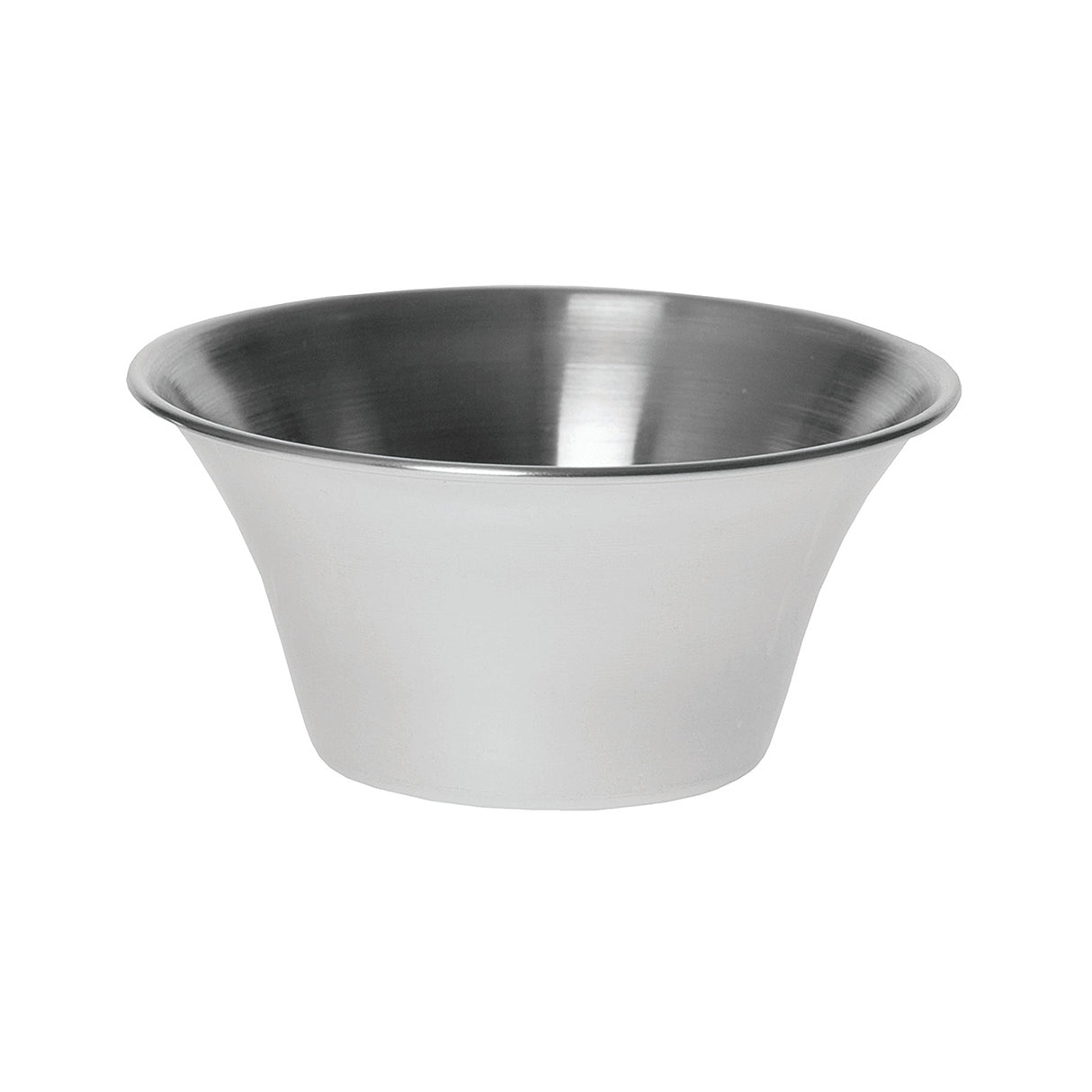 A plain, empty 6 oz stainless steel sauce cup with a wide, flared rim and a narrow base. The cup is clean, shiny, and reflective, placed against a white background.