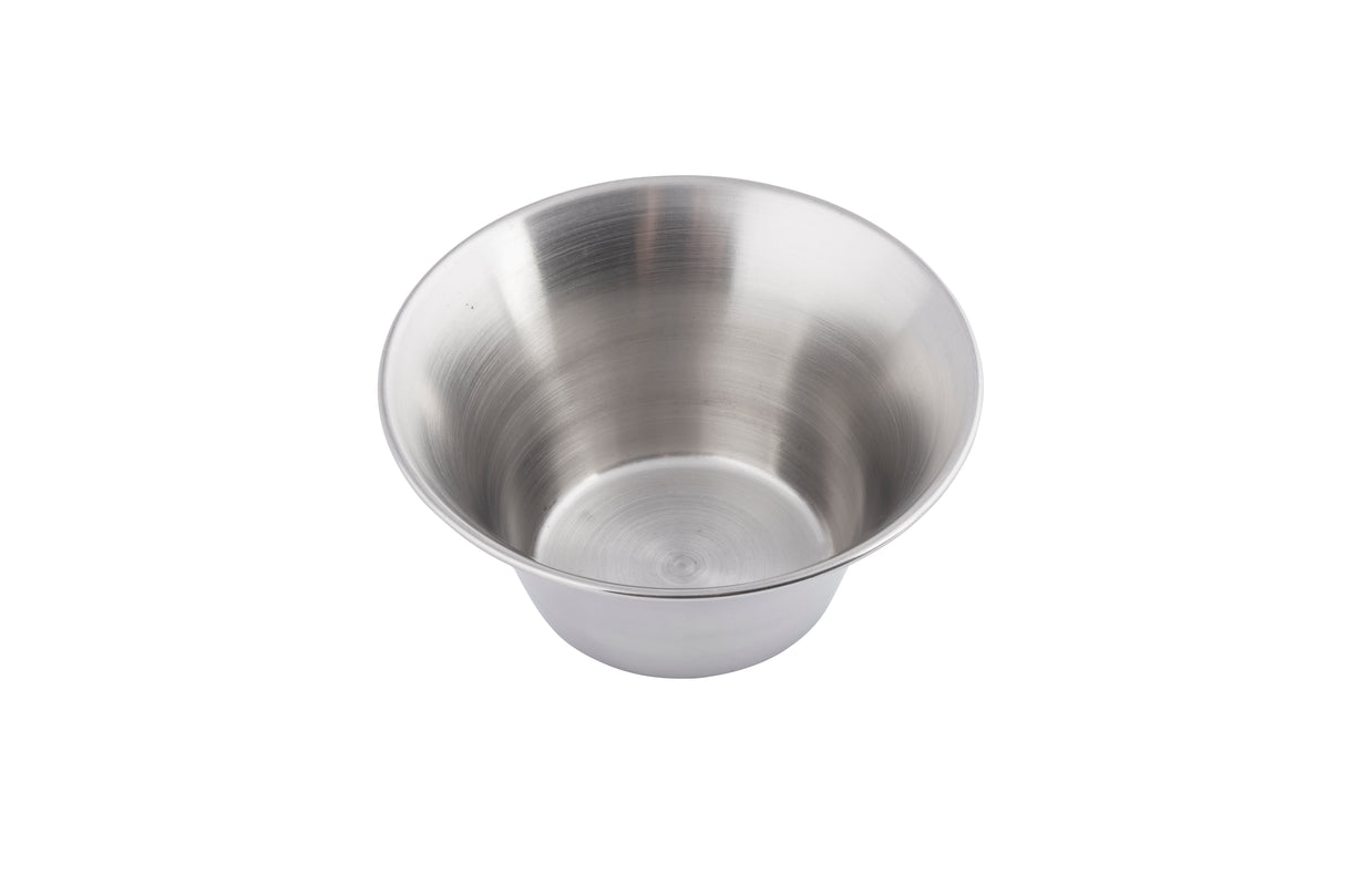 A shiny, empty 6 oz stainless steel sauce cup is shown on a white background. The cup has smooth, curved sides and a flat base, with a reflective metallic surface. It is viewed from a slightly elevated angle, revealing the inside.