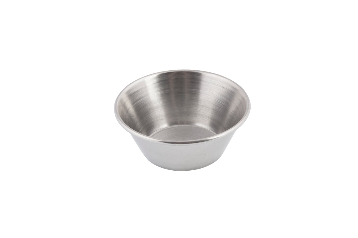 A small, round stainless steel sauce cup with a smooth brushed finish. The bowl features sloping sides and a flat base, and is photographed against a plain white background. This sauce cup is dishwasher safe for easy cleaning.
