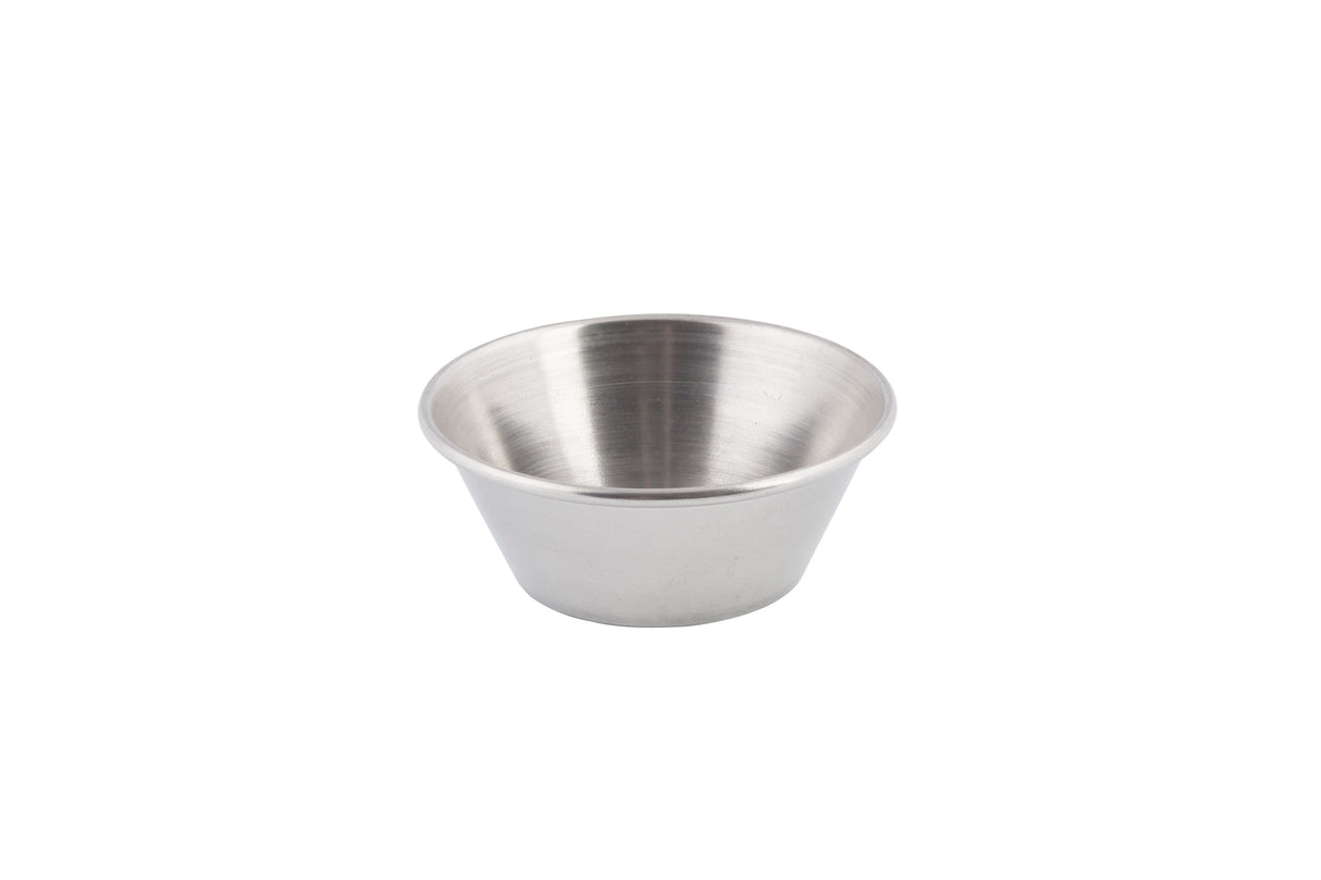 A small, empty stainless steel sauce cup with a brushed finish, slightly flared sides, and a flat base, centered on a plain white background. This durable piece is also dishwasher safe for easy cleaning.