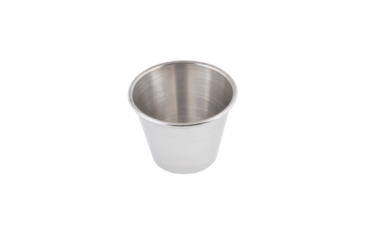 A plain, empty stainless steel sauce cup with a smooth, slightly reflective surface is shown from a top angle on a white background. The cylindrical cup features a slightly flared rim and is dishwasher safe.