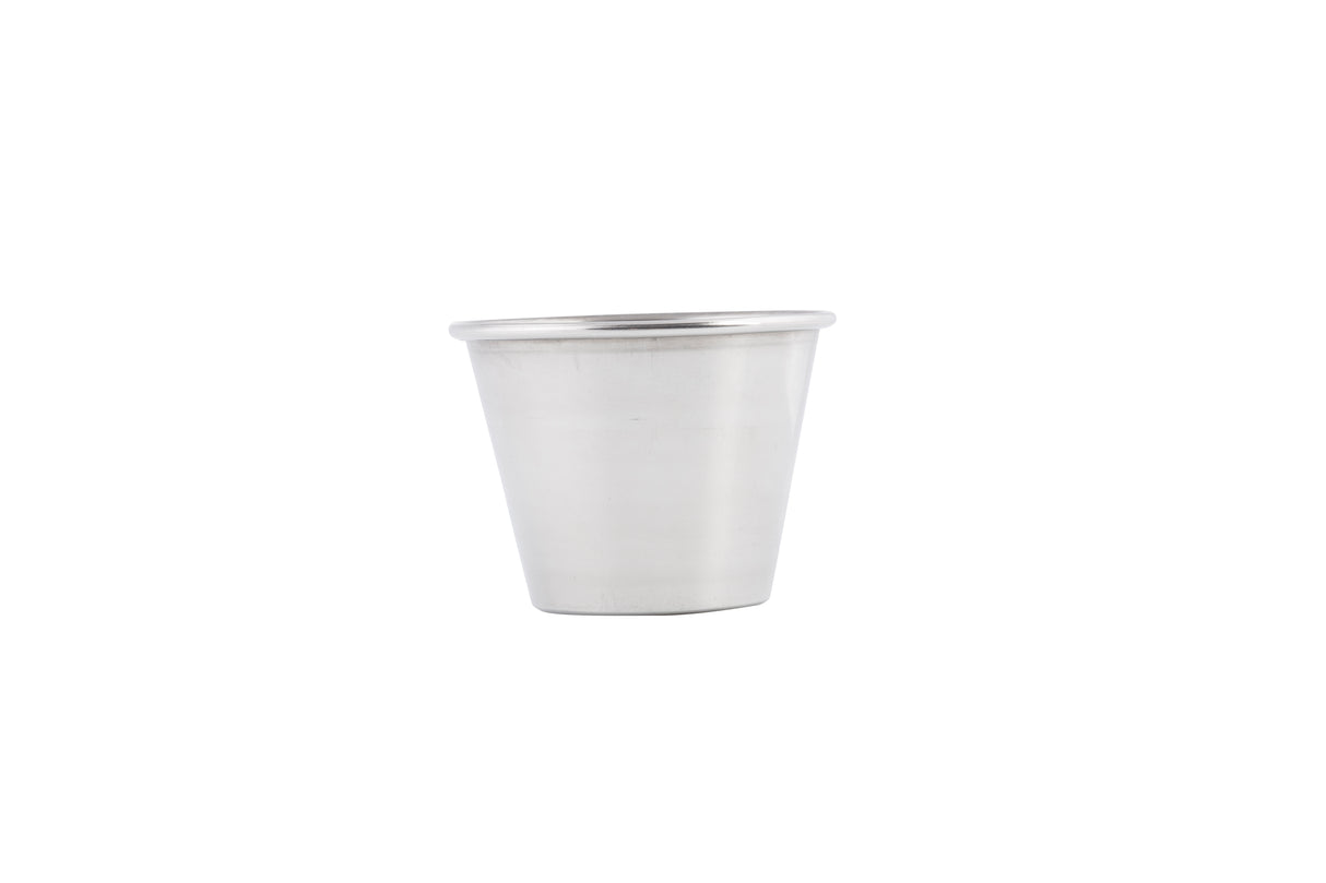 A small, plain stainless steel sauce cup with a slightly flared rim sits upright on a white background. The cup has a smooth, brushed finish, is dishwasher safe, and features no visible markings or handles.