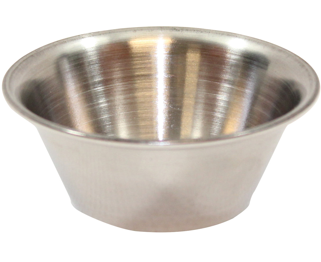 A small, empty 2 oz stainless steel sauce cup with slightly flared sides and a smooth, brushed metal finish. The cylindrical cup is open at the top, perfect for serving sauces or dips against a plain white background.