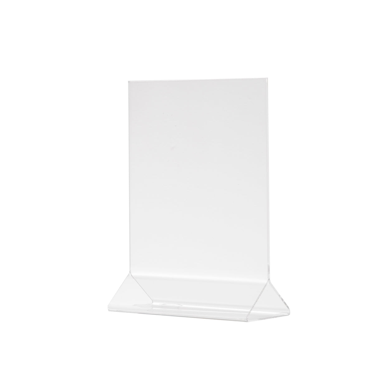 A clear acrylic menu holder stands upright with a slanted base, designed to display papers or menus vertically. The holder is empty against a plain white background, emphasizing its transparent material and minimalist design.