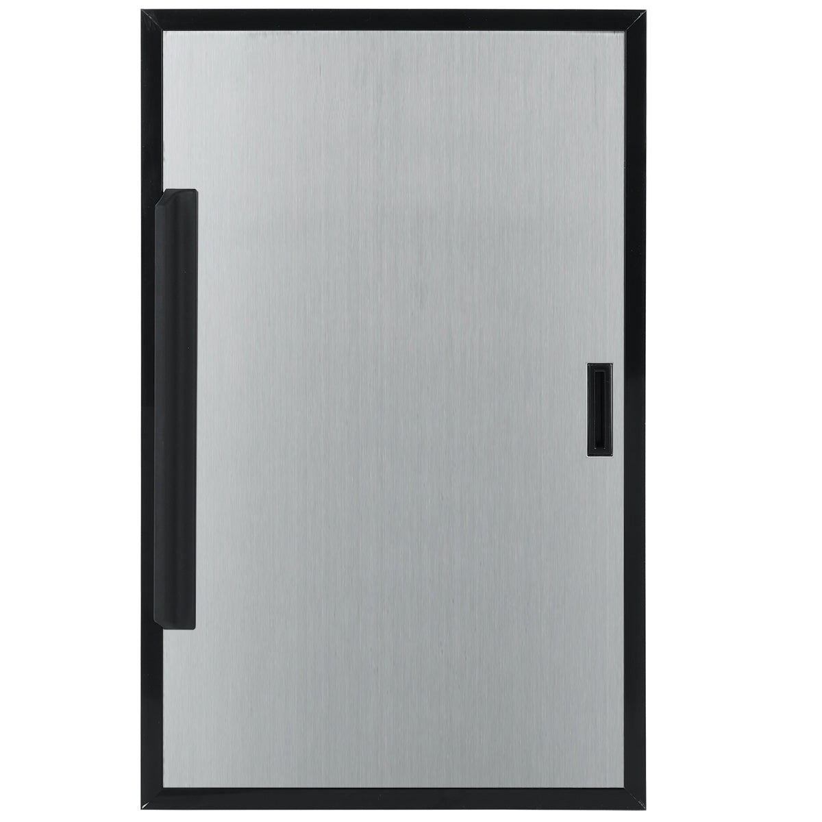A rectangular stainless steel door left from Empura Refrigeration features a black frame, a vertical black handle on the left side, and a small rectangular slot or lock on the right—ideal for cabinets, safes, or utility boxes. Empura Parts compatible.