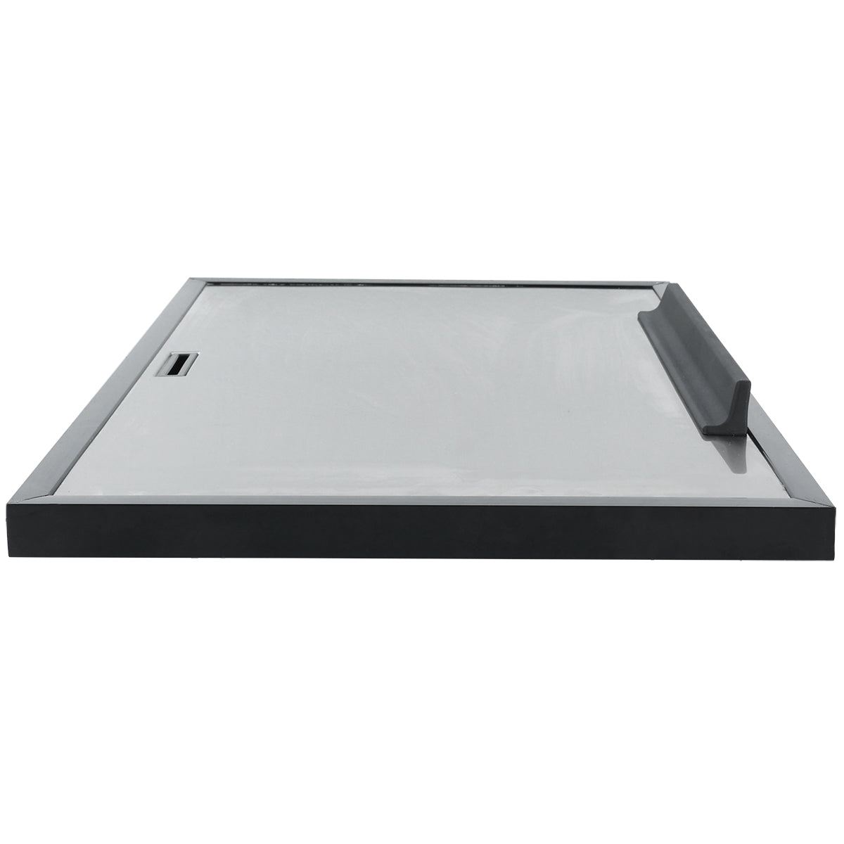 A flat, rectangular metal tray with black edges and a raised lip on the Door Right side. There is a small cutout handle on the left edge. Compatible with Empura Refrigeration, its smooth, reflective surface is viewed from a low, front-facing angle.