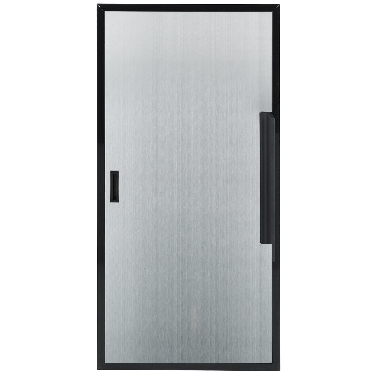 A frameless glass shower door with a brushed, frosted finish. The Door (Left) features a matte black vertical handle on the right and a smaller rectangular inset handle, both matching the black border framing the entire door.