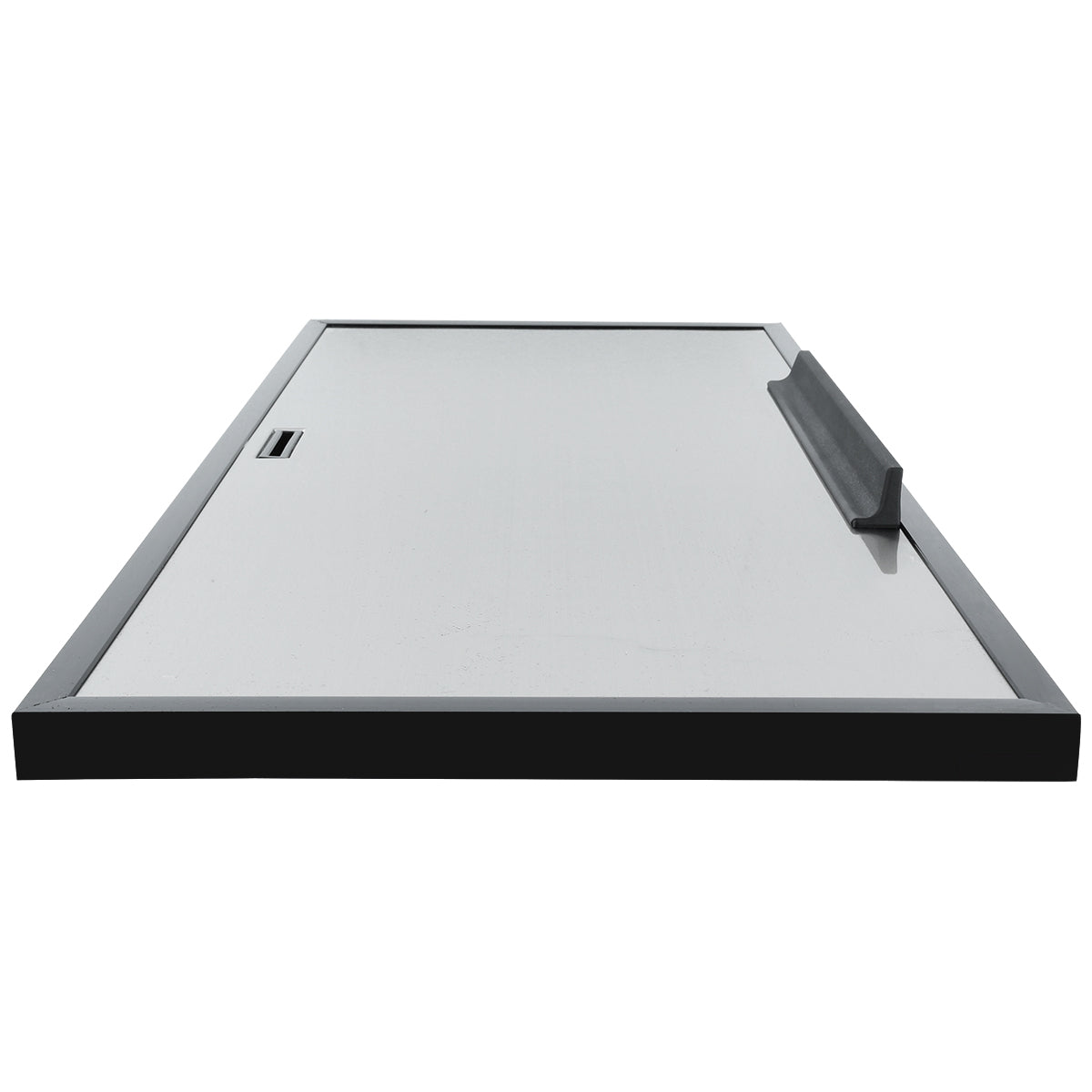 Rectangular dry erase whiteboard seen from a low angle, with a black frame and eraser tray on the right. A small rectangular slot on the left side resembles a door (left), possibly for mounting markers or Empura Parts.
