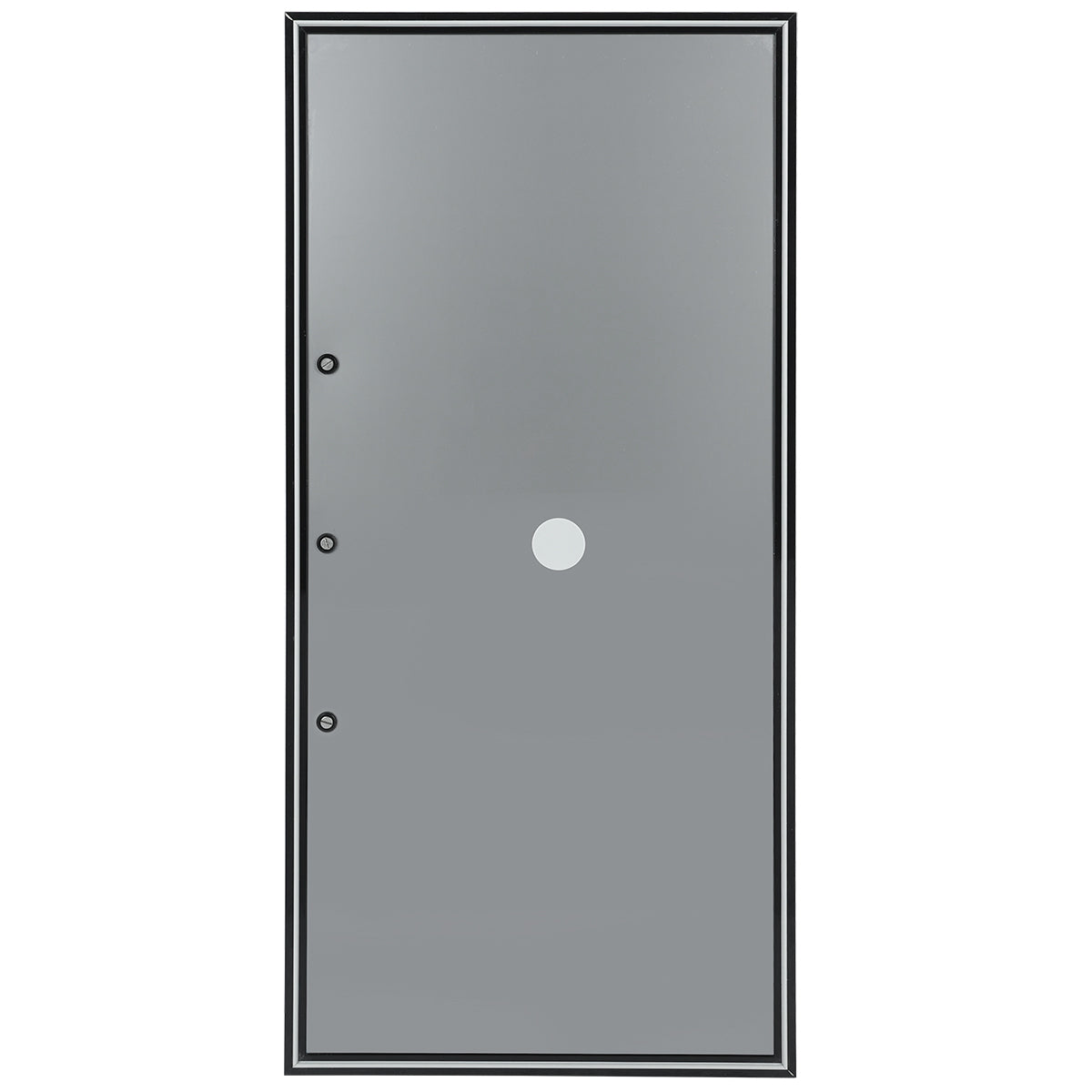 A plain, rectangular gray metal door—compatible with Empura Refrigeration—features a thin black border, three round holes vertically aligned on the left, and a central peephole. No handles, hinges, or decorations are visible.