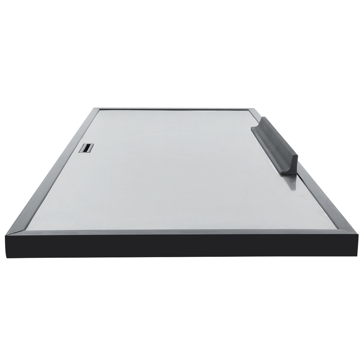 A rectangular whiteboard with a black frame is shown from a low, front-facing angle. A tray for markers sits on the right side, while a small slot near the left edge—like a Door (Left) from Empura Parts—offers mounting or accessory storage. The surface is glossy and reflective.