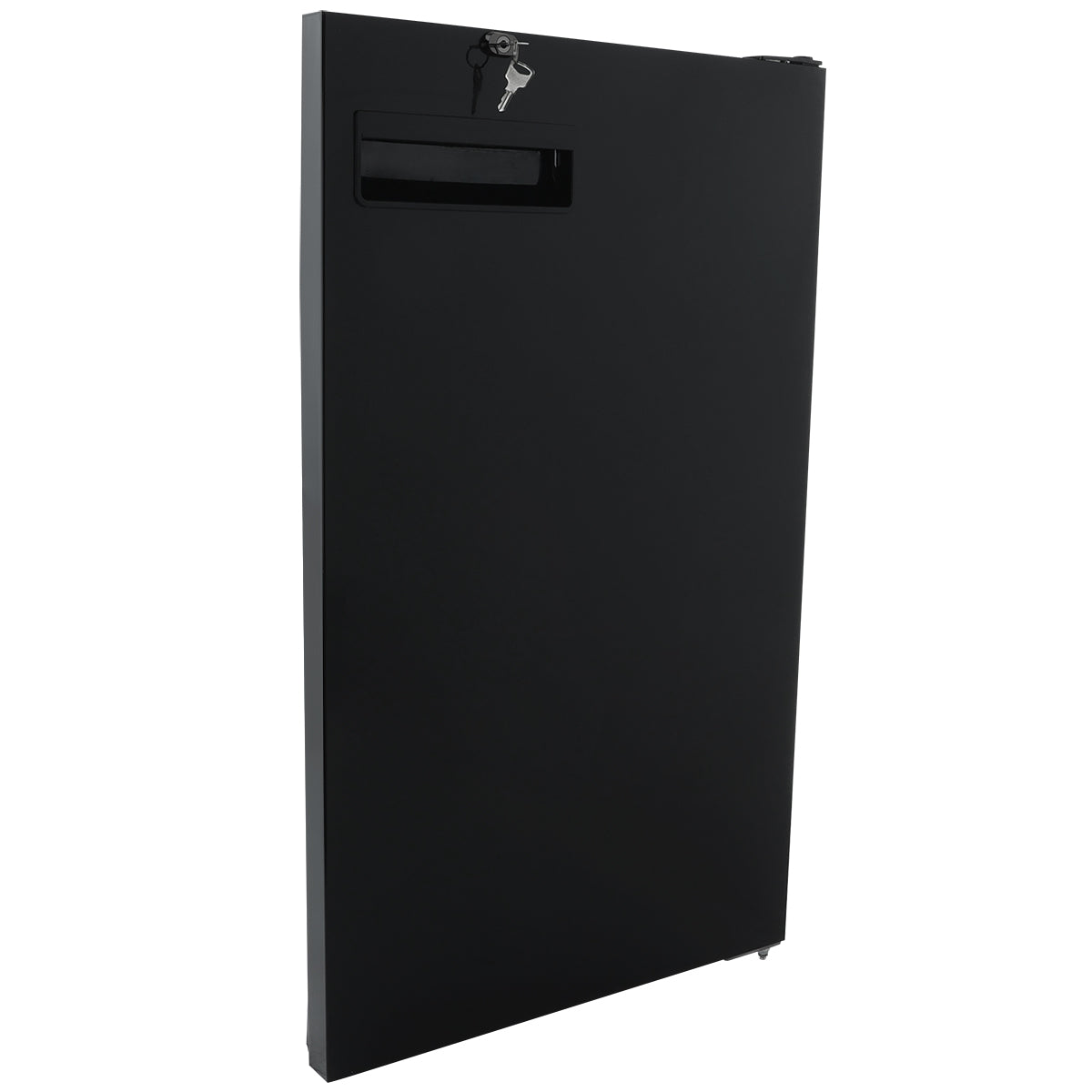A black, rectangular metal drop box stands upright with a narrow slot for inserting items near the top and a lock with two keys inserted. The smooth, matte surface and simple design with clean lines resemble the sleek look of Empura Refrigeration units.