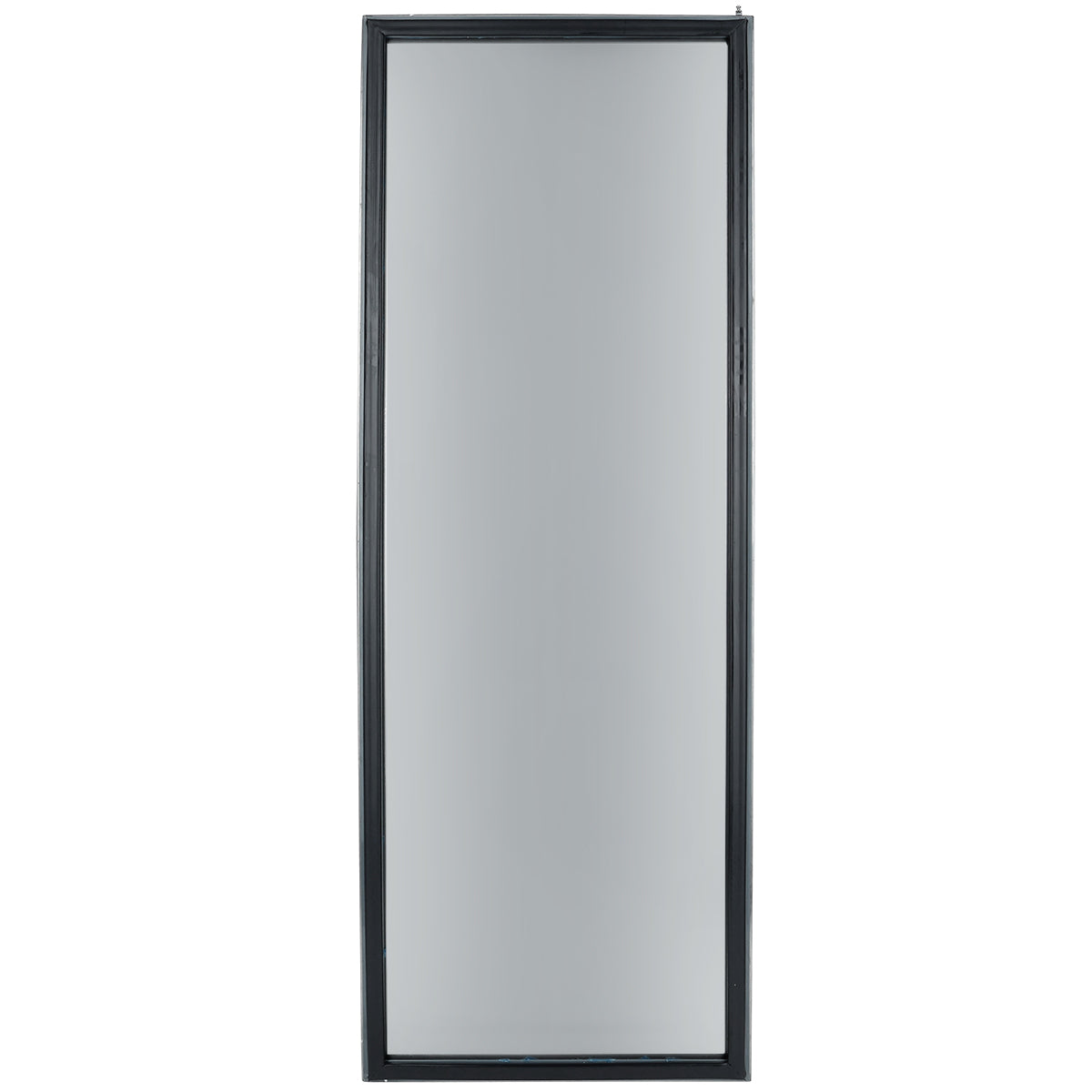 A rectangular, full-length mirror with a thin, black frame stands vertically against a white background. Reminiscent of the sleek designs seen in Empura Refrigeration units, the clear surface features no patterns or decorations on the frame.