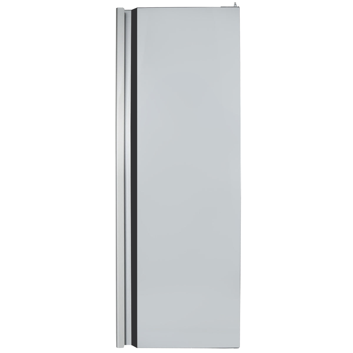A side view of a silver, upright Empura Refrigeration unit with a vertical handle on the left edge. The smooth, plain surface and Door Right configuration stand out against the white background, emphasizing its simple, modern design.