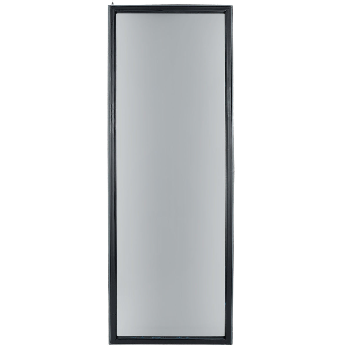 A tall, rectangular mirror with a simple, narrow black frame. Reminiscent of the clean lines found in Empura Refrigeration units, the mirror stands upright, reflecting a neutral, light gray surface with no visible background or objects.