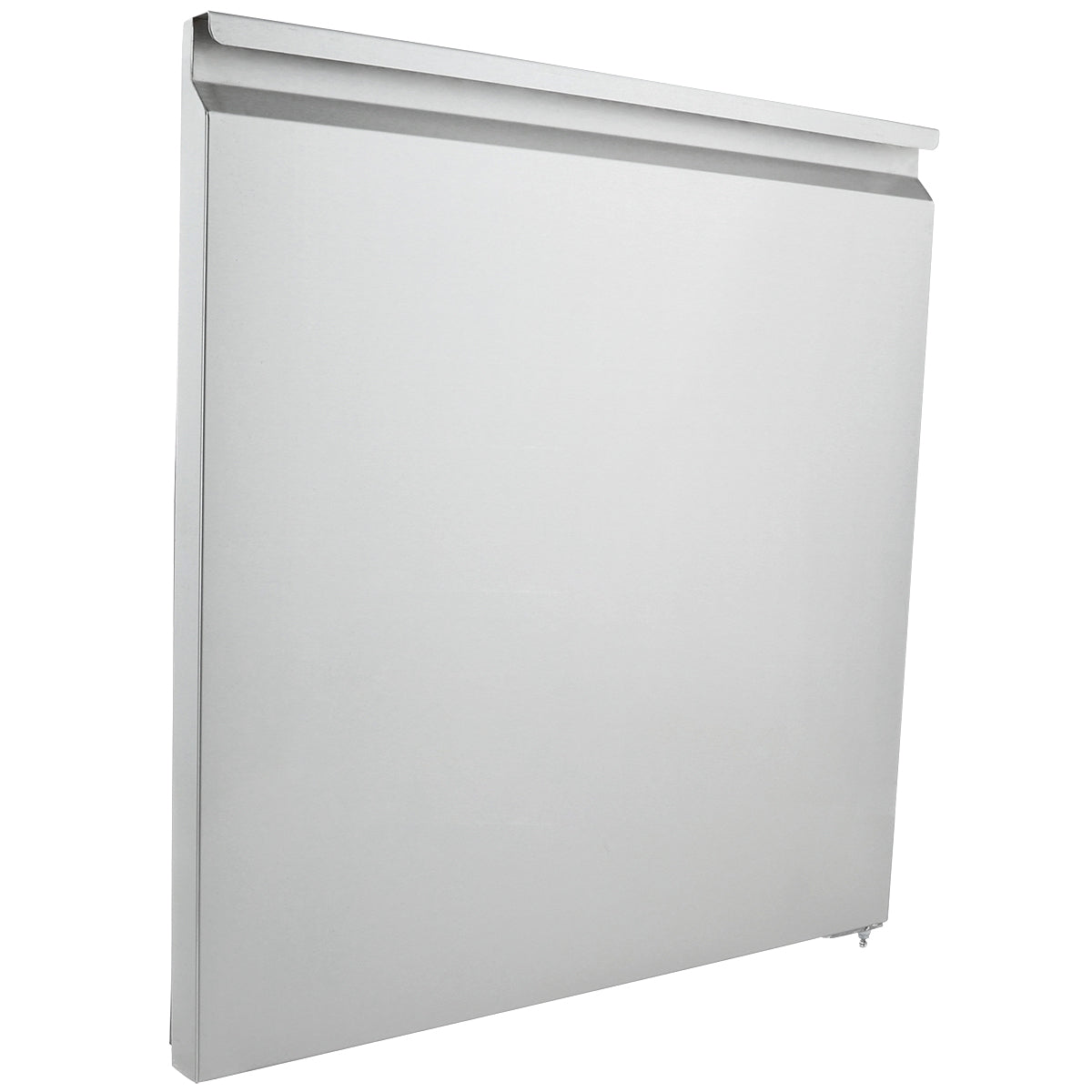 A plain, rectangular, silver metal panel with a slightly raised top edge and a small protrusion at the bottom right corner. This smooth Empura Refrigeration door (right) is pictured against a white background.
