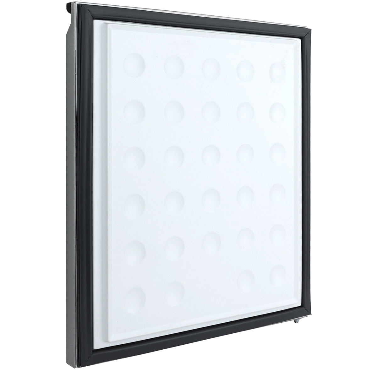 A square, black-framed display case with a smooth white interior featuring a grid of evenly spaced, raised circular bumps—ideal for showcasing Empura Refrigeration parts. The case is shown at a slight angle to highlight its modern design.