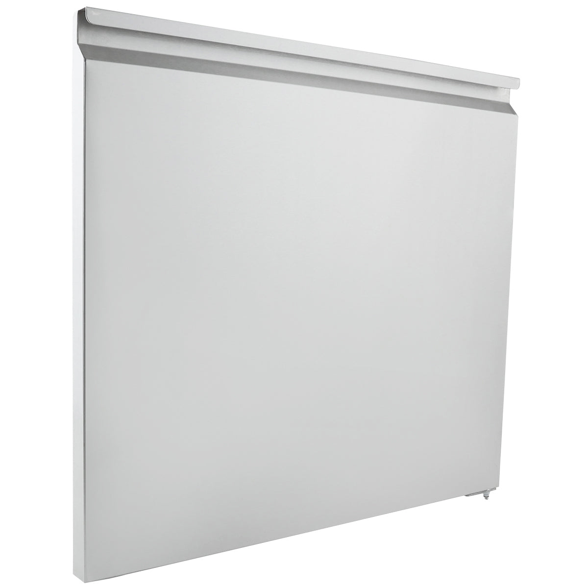 A plain, rectangular metal panel radiator with a smooth, flat surface and minimalist design—ideal for modern interiors. Reminiscent of Empura Refrigeration style, it features a small valve at the lower right corner and a white background.