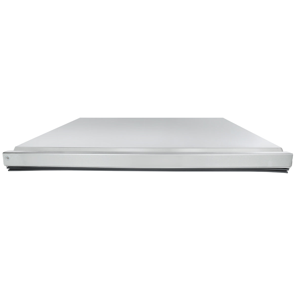 A silver dishwasher viewed from the front, showing only the top edge of the door and part of the control panel. The sleek, modern surface resembles Empura Refrigeration appliances and features a minimalist stainless steel design.