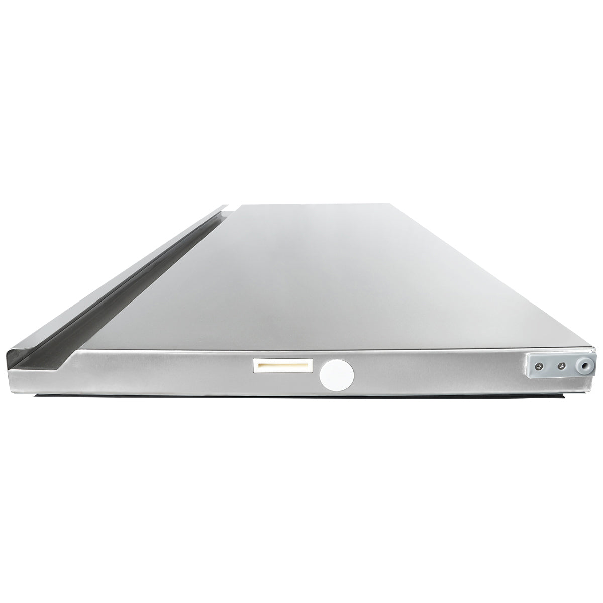 A close-up front view of a flat, rectangular stainless steel commercial kitchen griddle from Empura Parts, featuring a smooth cooking surface, grease trough on the left side, and control knobs on the right. The shiny surface reflects light, emphasizing its clean appearance.
