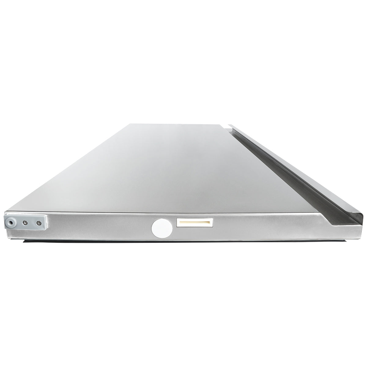 A stainless steel Empura Refrigeration commercial hot food holding shelf with a flat, smooth surface, raised back edge, and control panel with buttons on the left side. The central section has a circular knob and a rectangular indicator, viewed from the front.