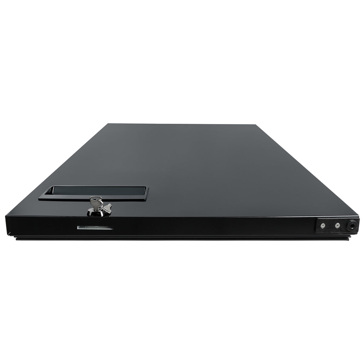 A large, flat, black metal object from Empura Parts with a Door (Left) featuring a lock and key. The front edge has a slot and buttons, lending it an industrial or secure storage look, photographed against a white background.