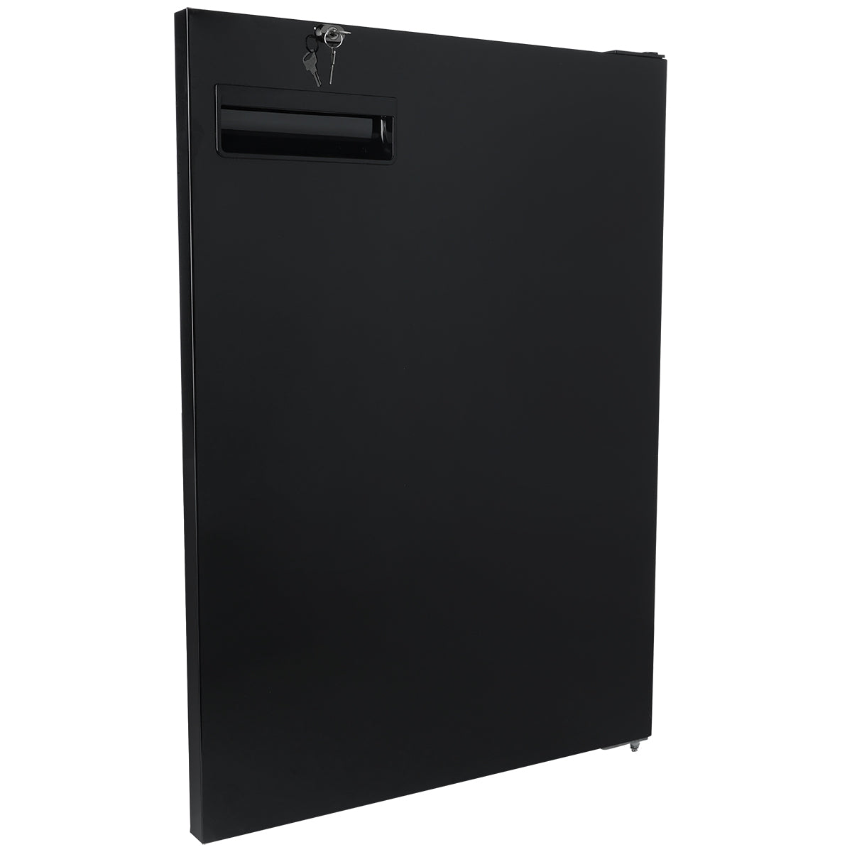 A sleek, matte black metal lockbox with a rectangular pull handle and a keyhole at the top left corner, ideal for securing Empura Parts. Two keys are inserted into the lock. The box is shown upright against a white background.