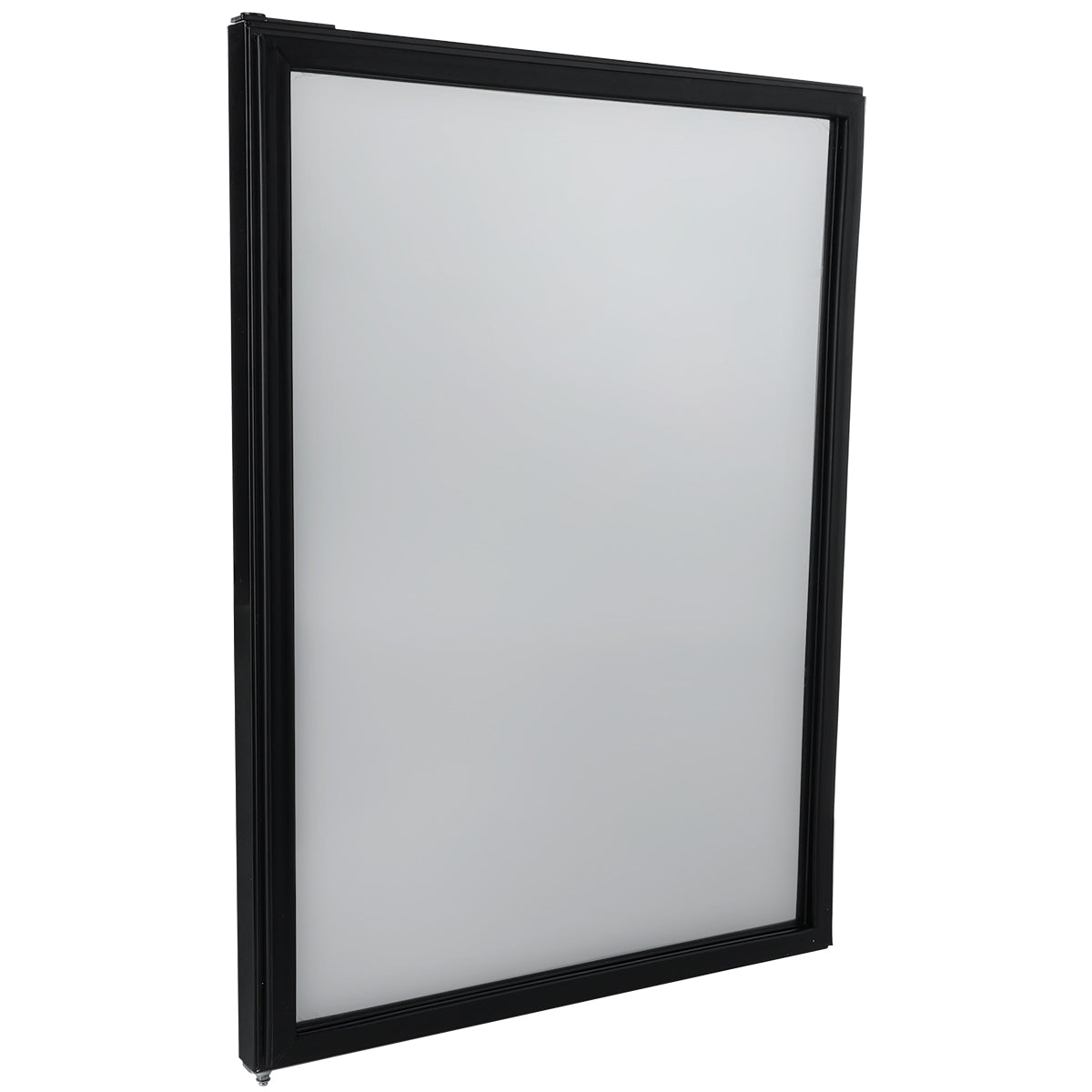A rectangular frosted glass window with a simple black frame, pictured at an angle against a white background. This panel resembles a Door Middle from Empura Refrigeration, featuring clean edges and opaque glass that obscures any view through it.