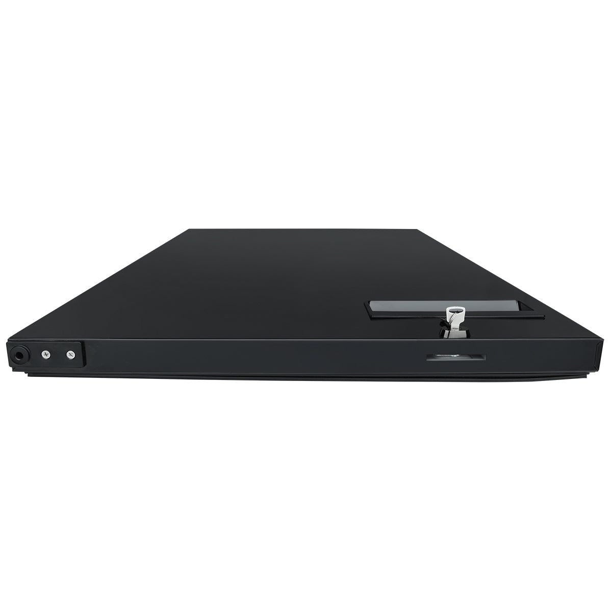 A slim, black electronic device shown flat from the front. It features a small lock and key on the top right side—similar to Empura Refrigeration door right parts—and ports or buttons on the left edge. The surface is smooth and matte, with minimal visible details.