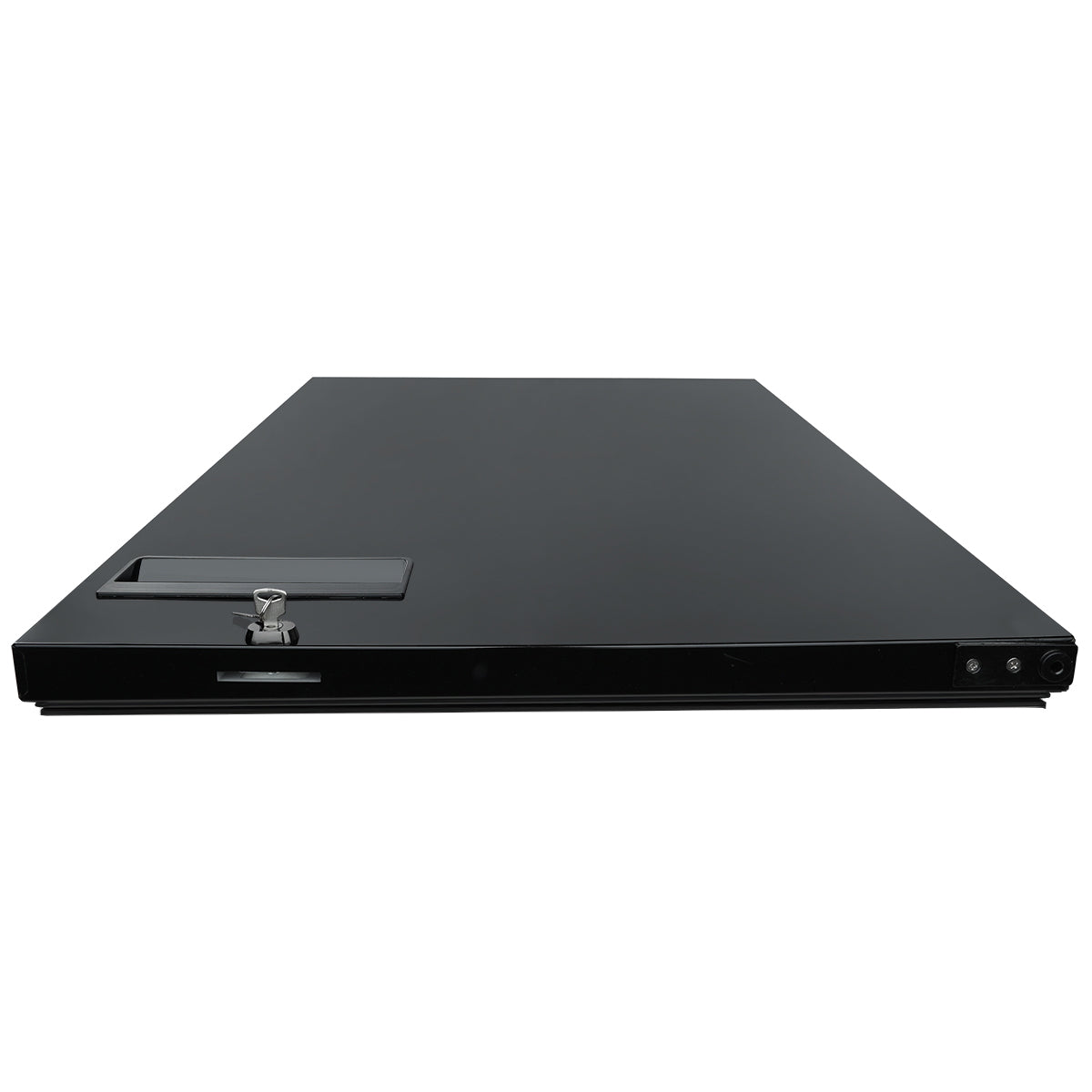 A flat, rectangular black electronic device is shown from a low front angle. It has a small display and a key lock on the top left side, resembling components found in Empura Refrigeration units or Empura Parts, with buttons and ports on the front right edge.