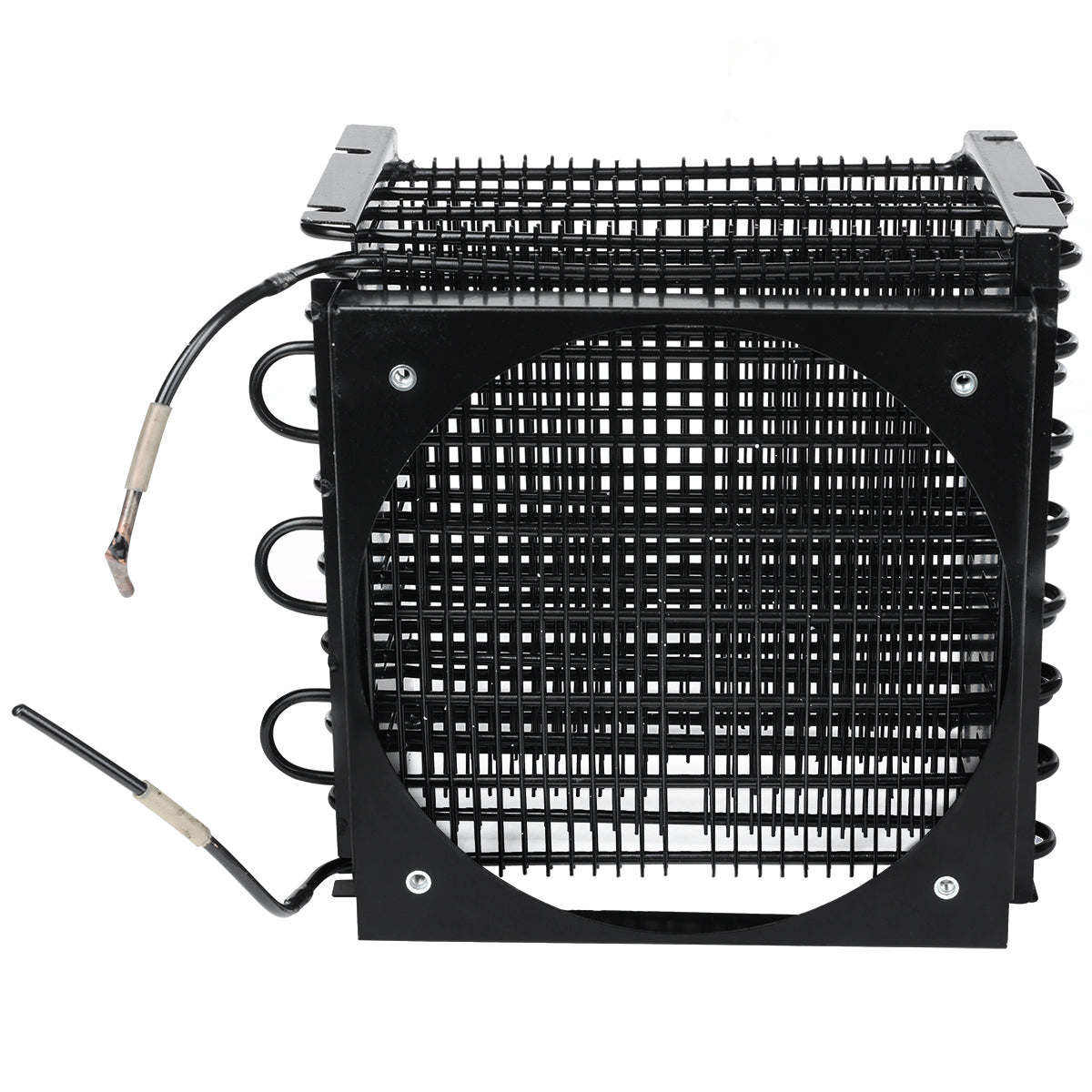 A black metal wire Empura Refrigeration condenser coil unit with a square frame, circular central opening, and grid pattern. Two copper tubes with insulation extend from the side. Features multiple coiled pipes and mounting holes at the corners.
