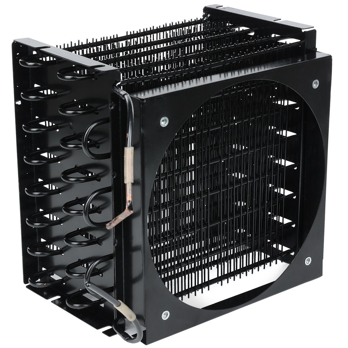 A close-up view of a black metal heat exchanger or radiator, featuring Empura Refrigeration condenser coil finned tubes and a large circular fan opening. Coiled metal pipes and a grid of thin metal fins enhance efficient heat dissipation.
