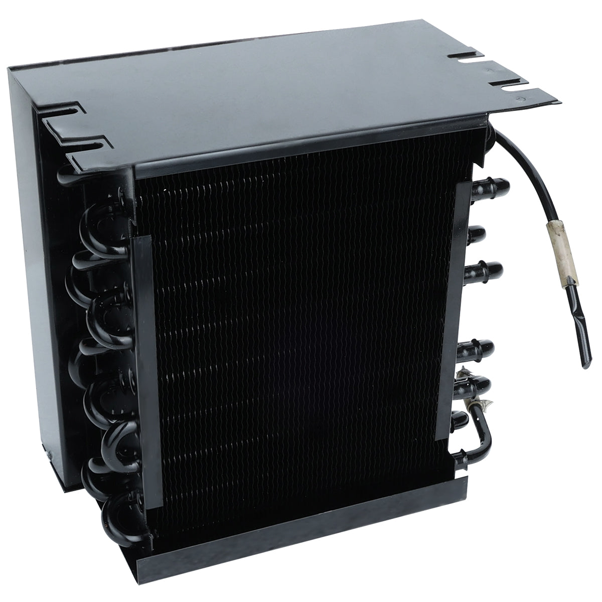 A black Empura Refrigeration evaporator coil unit with tightly packed fins, several curved refrigerant tubes on one side, and a black wire with a sensor attached, all set against a white background.