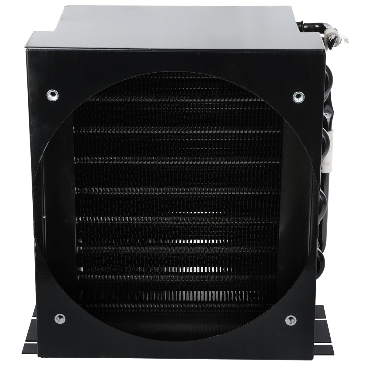 A black metal Empura Refrigeration condenser coil features horizontal fins and a circular fan mounting area in front. Four screws secure the corners, while coiled tubes are visible on the right. The unit sits on a flat surface, viewed from the front.