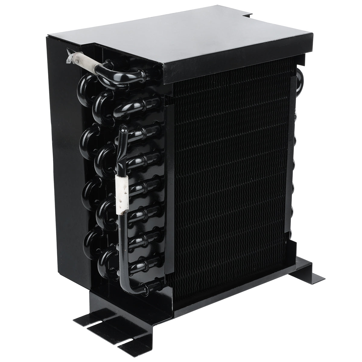 A black metal Empura Refrigeration condenser coil unit featuring coiled tubes on the side and closely packed vertical fins for heat dissipation, with a rectangular housing and mounting brackets at the base, all against a white background.