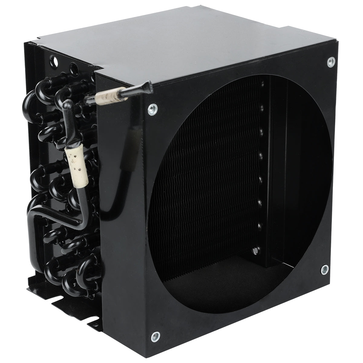 A black metal HVAC evaporator coil unit with tightly packed fins inside a circular opening and coiled refrigerant tubes on the left side, attached to a rectangular Empura Refrigeration metal casing with visible screws.