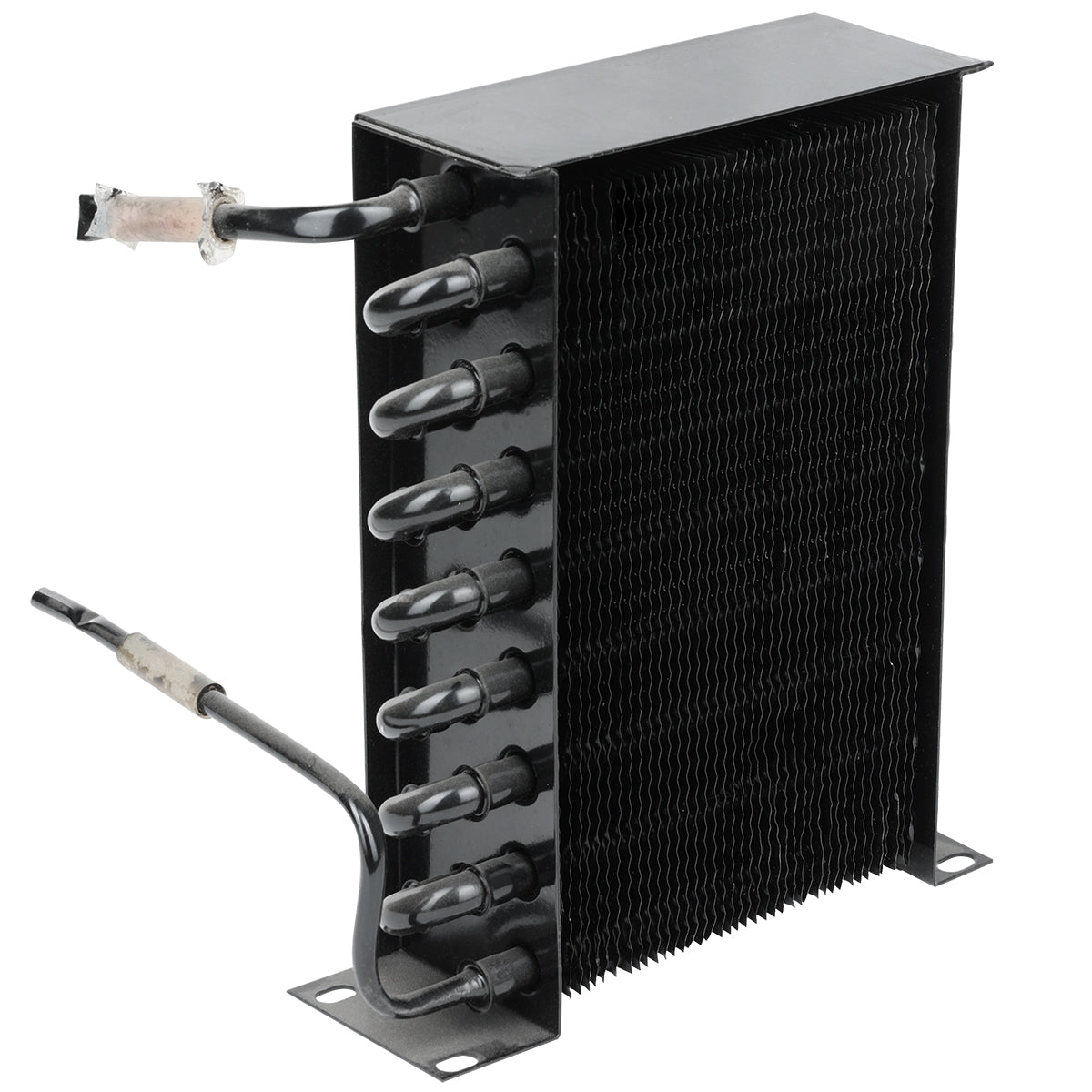 A black automotive heater core with thin metal fins, multiple curved inlet and outlet tubes on one side, and two mounting brackets at the base. Similar to an Empura Refrigeration condenser coil, it stands upright with tubes extending horizontally.