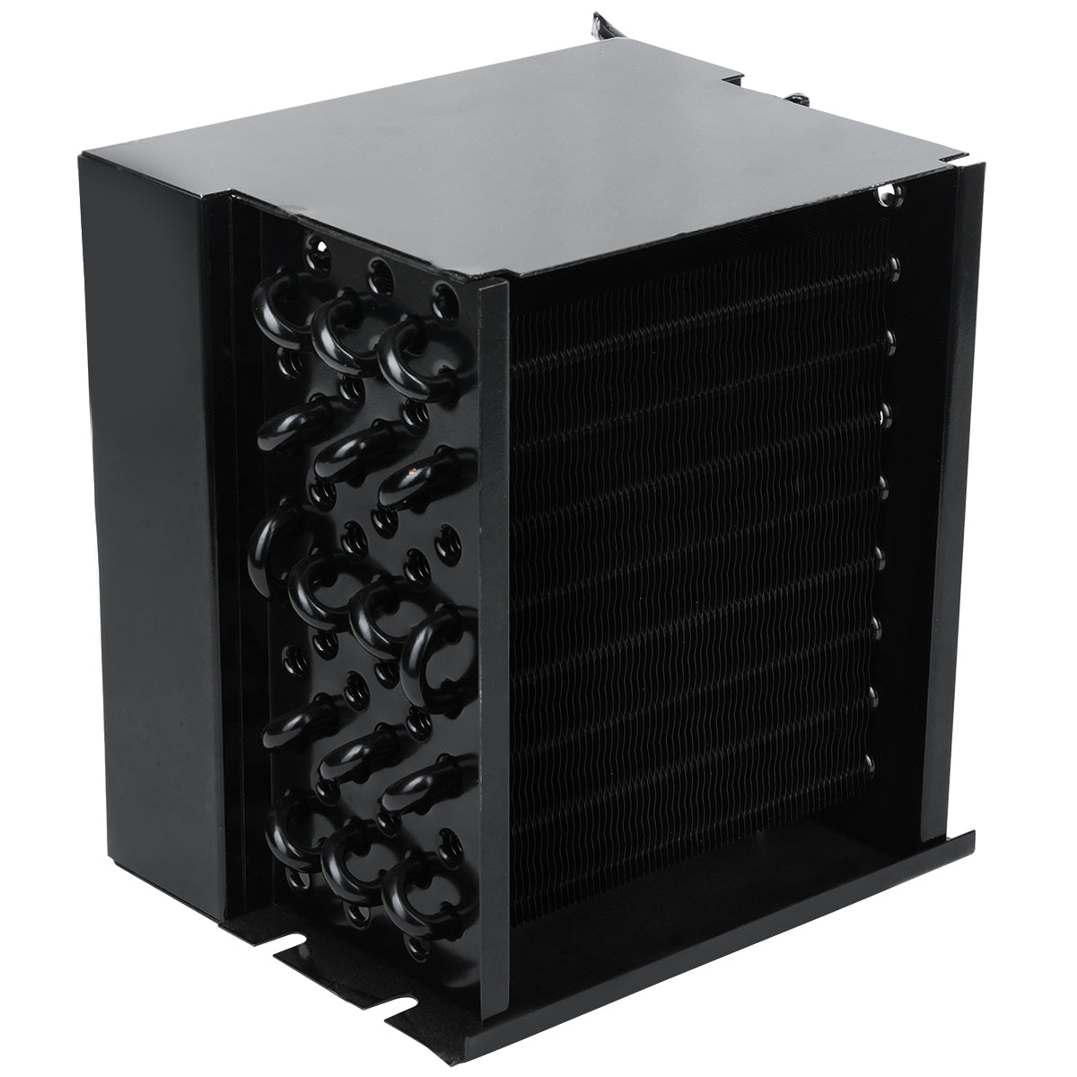 A black metal heat exchanger, similar to a condenser coil, features a block structure with multiple parallel thin fins and curved tubes. With its rectangular shape and solid base, it resembles a compact industrial component found in Empura Refrigeration units.