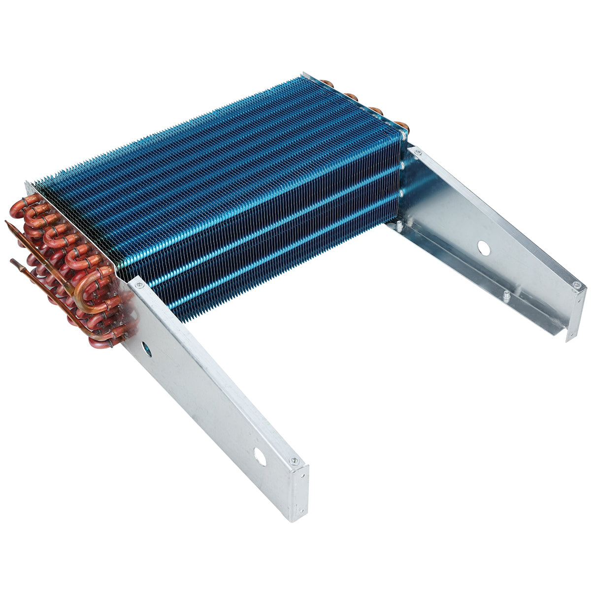 A rectangular metal heat exchanger with multiple parallel blue fins, copper piping on one end, and two angled silver metal brackets for mounting. This Empura Refrigeration evaporator coil is ideal for cooling or heating applications.