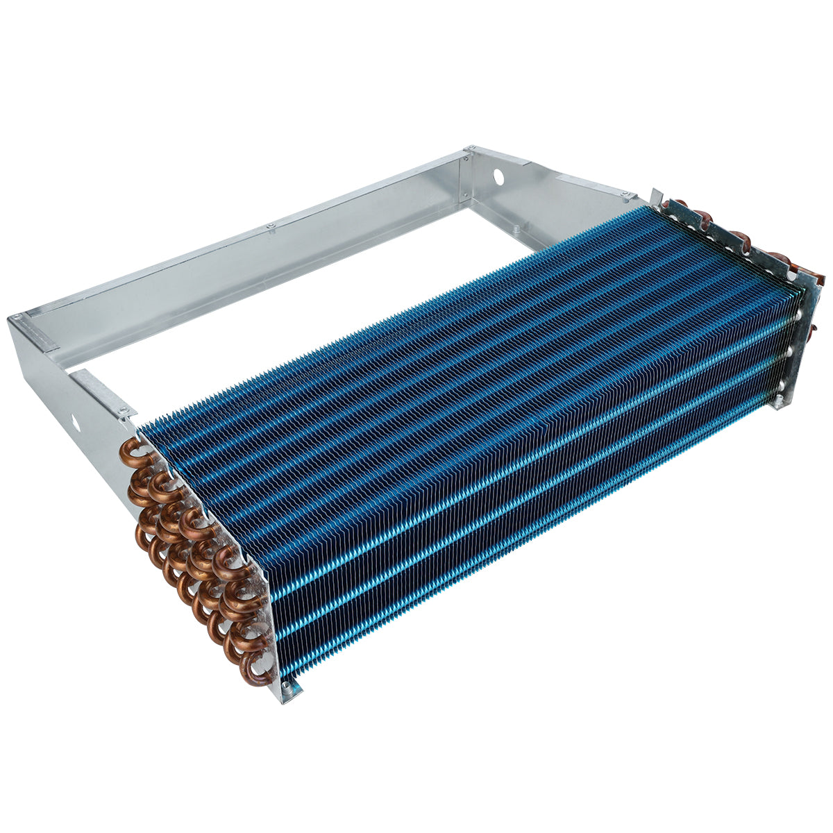 A rectangular metal heat exchanger with blue fins and copper tubing coils at one end, mounted in a metal frame. This Empura Refrigeration evaporator coil features evenly spaced fins designed to increase the surface area for heat transfer.