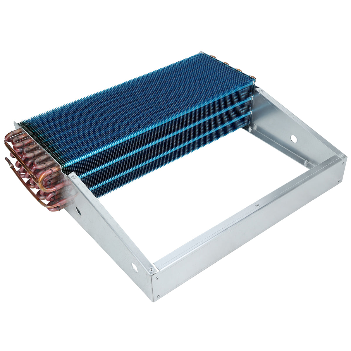 A rectangular Empura Refrigeration evaporator coil with blue aluminum fins and copper tubing, mounted on a metal frame. Multiple rows of thin fins and curved copper pipes on the left side enhance heat exchange in cooling systems.