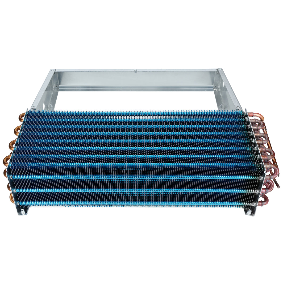 A rectangular metal Empura Refrigeration evaporator coil with multiple horizontal blue fins and copper tubing, shown from the front. The coils are arranged in parallel rows within a silver metallic frame for refrigeration or HVAC systems.