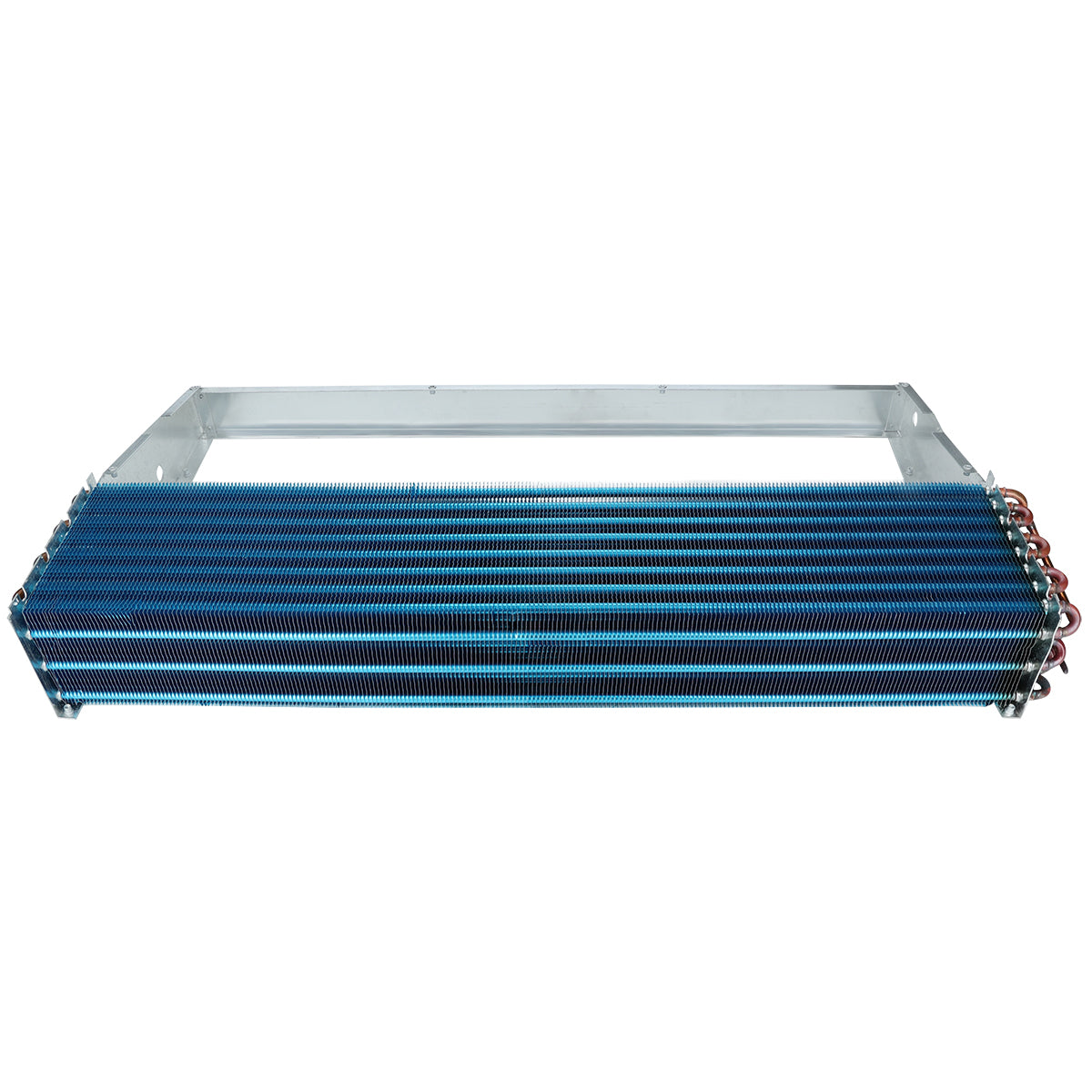 A rectangular metal Empura Refrigeration finned heat exchanger with blue horizontal fins, copper tubing on the right side, and a metallic frame. The Empura Parts evaporator coil is photographed against a white background, viewed slightly from above and the front.